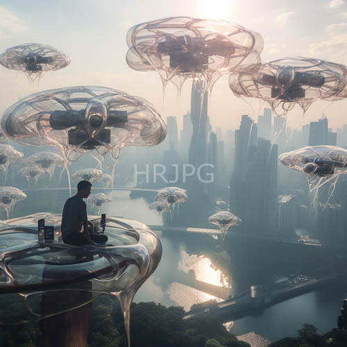 pure lit metropolis transformed by luminous spherical drones in amber twilight