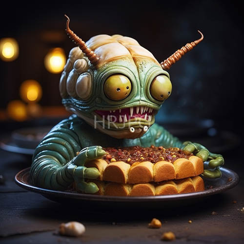 alien specimen devours confectionary delight in shadowed lowlight environment
