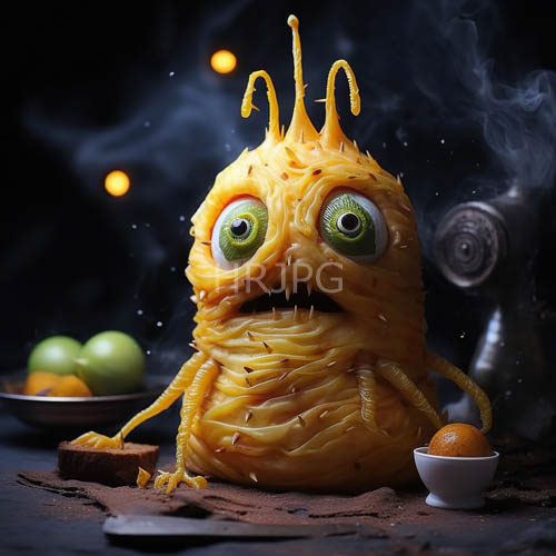High Resolution: Vividly-Colored Yellow Molten Mozzarella Entity in Deep Cavernous Shadows with Intense Green Eyes download. | HRJPG.com