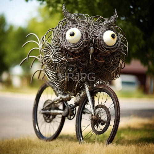 foliagecast luminosity illuminates kinetic bicycle sculpture amidst verdant surroundings
