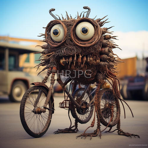 spherical cranium converges metal coils amidst scrap yard chaos