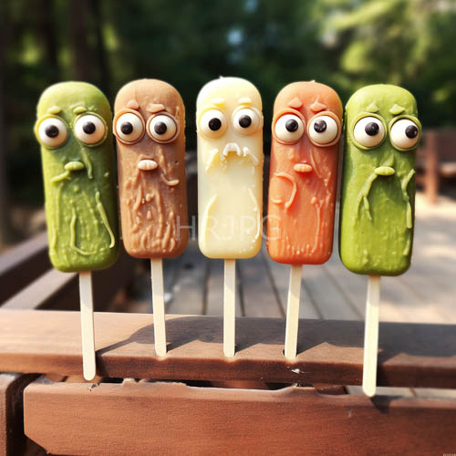 frozen confections on whimsical wooden slats in outdoor setting