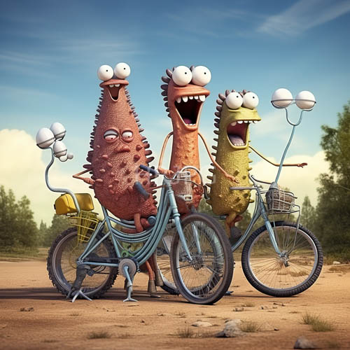 eccentric creatures amidst arid landscapes on dusty trail bicycles under cerulean skies