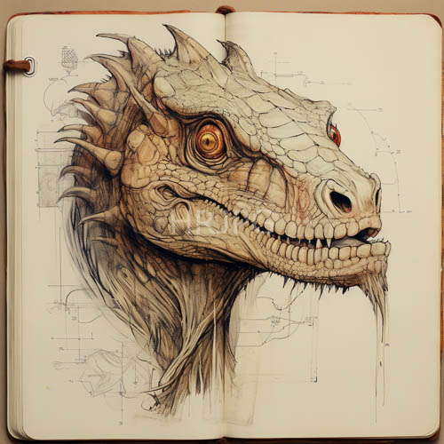 personified dragon emerges from convergence of graphite strokes and ink lines on textured sketchbook