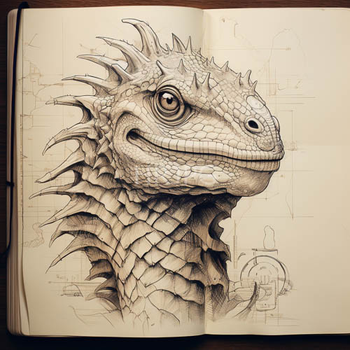 character driven lizard with intricate scales and jagged silhouette in technical precision