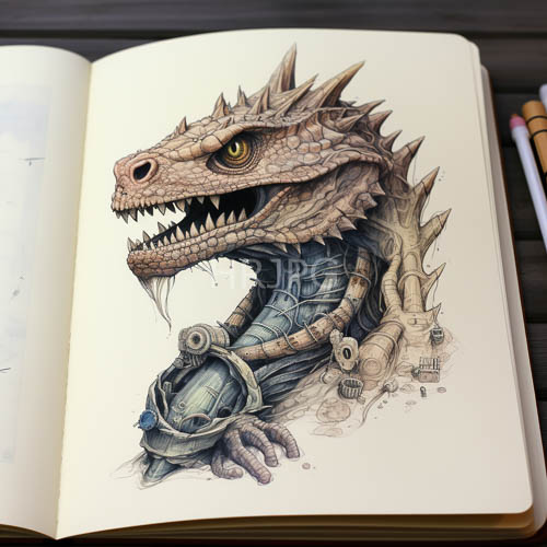 High Resolution: Meticulously Rendered Dragon Head Emerges on Pristine White Paper with Piercing Luminous Yellow Gaze download. | HRJPG.com