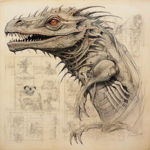 dragon silhouette on weathered parchment with anatomical detailing and crimson eyes