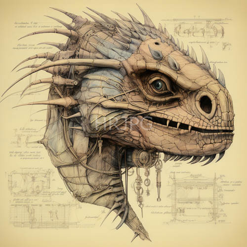 biomechanical dragons sepiatoned parchment rendering unfolds clockwork engineering