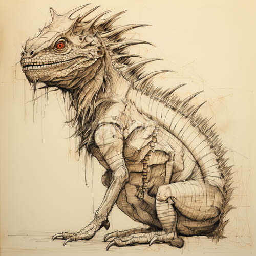 reptilian form captured in monochromatic stillness on beige background with jagged scales and crimson eyes