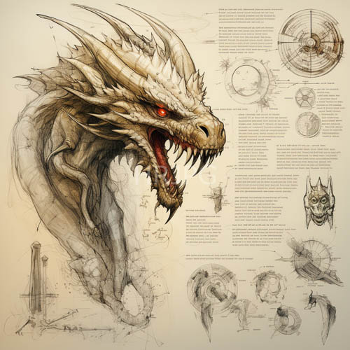 dragons elongated neck arches on beige parchment with intricate shading