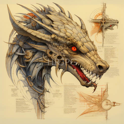 mechanism based dragonhead with intricate grayishbrown scales and piercing red eyes