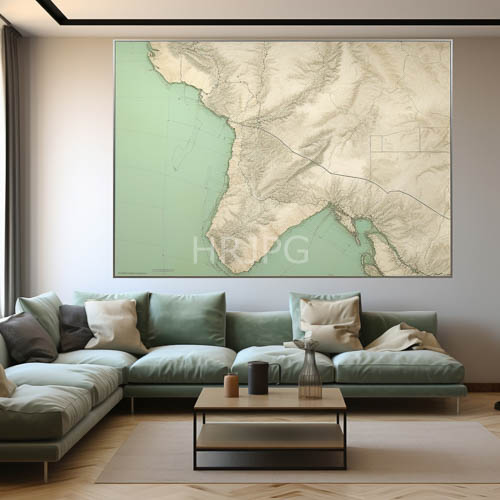 grey walls surround a light green sectional sofa in a calming atmospheric space
