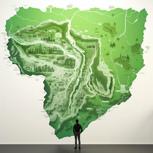 verdant green topography converges with urban grids in expansive gallery installation