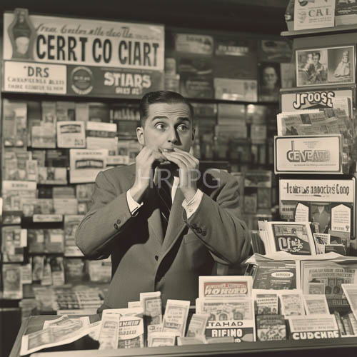 fleeting moment in midcentury tobacco shop amidst neatly aligned cigarette packs and orderly architecture