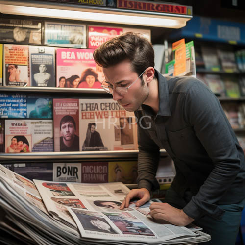 focused gaze on eclectic mix of printed media amidst urban kiosk textures