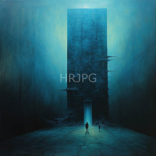 monolithic structure dominates void with piercing ethereal blue luminescence amidst industrial decay