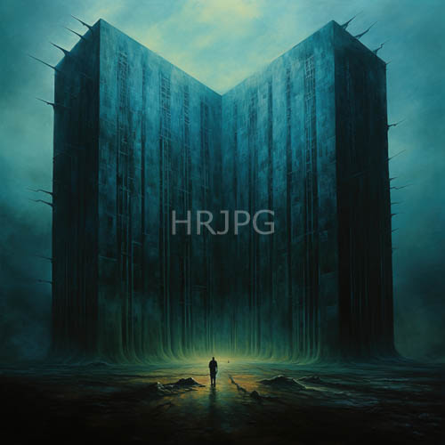 High Resolution: Monolithic steel structures converge in desolate fogshrouded landscape download. | HRJPG.com