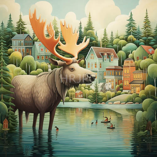 humanoid moose silhouette amidst orangehued sunset on glassy lake waters