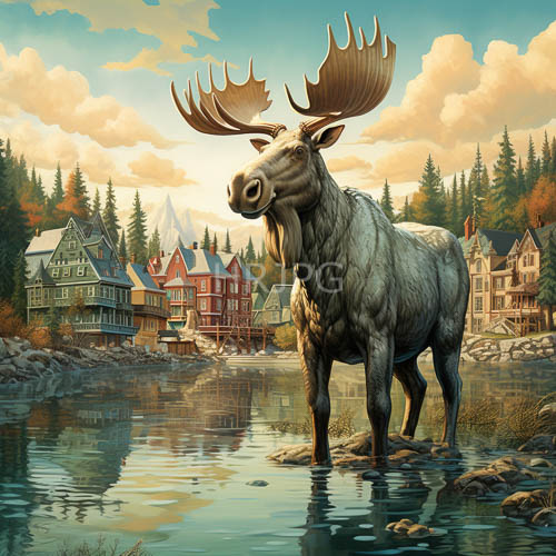 moose dominates shallow waters amidst nordic village clusters against emerald forests