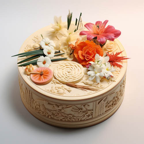 meticulously crafted circular container showcases elaborate scrollwork and botanical patterns