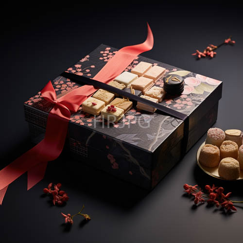 japanese gift box with delicate cherry blossom pattern and vibrant red satin ribbon