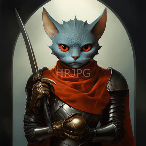 High Resolution: Fierce Feline Warrior in Medieval Armor Amidst Cobalt Skins and Azure Scales download. | HRJPG.com
