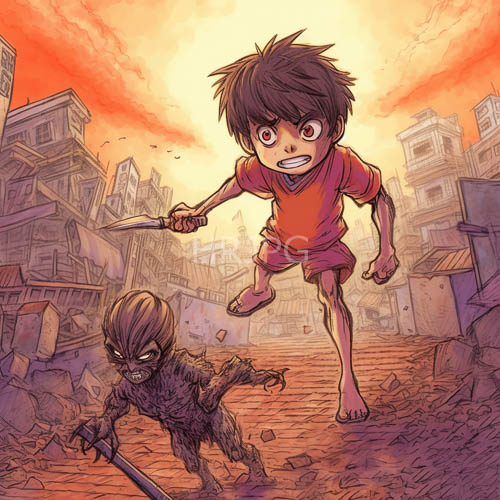 silhouetted protagonist strides across ruined urban landscape under fading amber glow