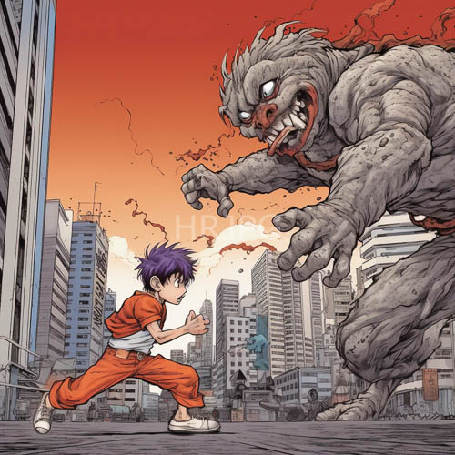 violethaired warrior faces off against colossal ashskinned behemoth in crumbling metropolis