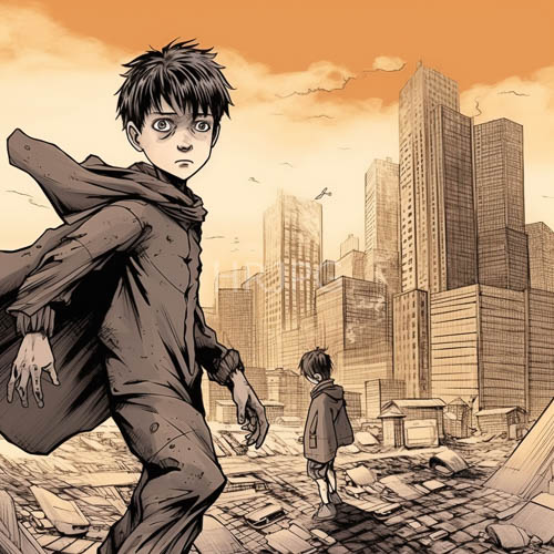fractured skies over fading metropolis shadows across crumbling facades