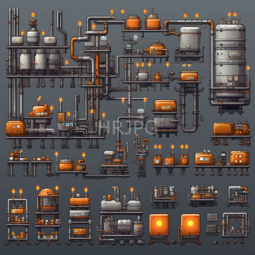 pixel art rendering of mechanical infrastructure expansive network of orangehued operational components