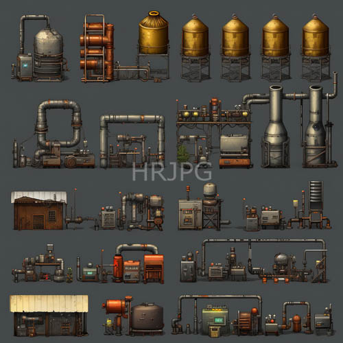 rugged water towers with metallic textures and rusty accents in charcoal backdrop