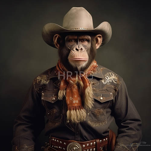expressive chimpanzee embodies classic cowboy spirit in majestic mountain landscape underneath fading sunlight