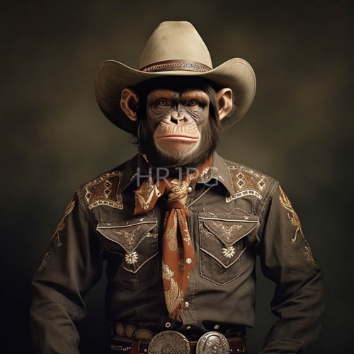 anthropoid chimpanzee wears weathered beige hat with rich brown band and paisley print red necktie in verdant landscape