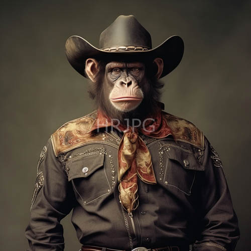 human faced chimpanzee in rugged western attire with intricate gold embroidery