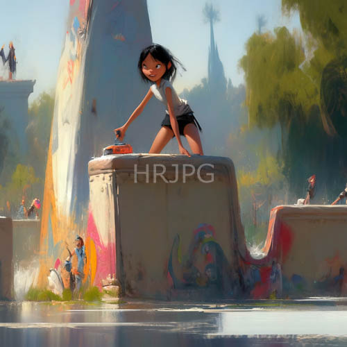 animeinspired figure stands amidst urban grit and youthful energy on industrial waterfront