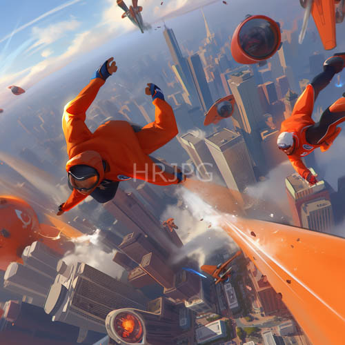 orange flight suits pierce through industrial cityscape amidst kinetic debris and angular architecture