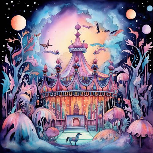 crescent moonlight illuminates majestic circus pavilion with violet and rose tones under starlit canopy