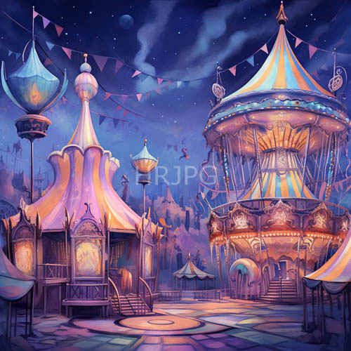 whimsical fairground under celestial canvas of luminescent hues and starlit carnival ambiance