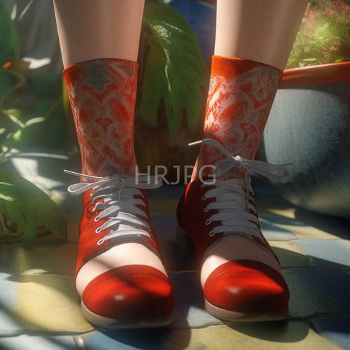 scarlet lace patterns intersect with clean lines of lowtop sneakers in urban environment