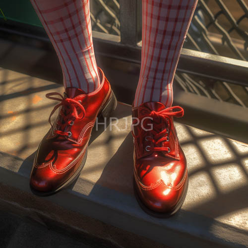 glowing red oxfords converge with plaid hosiery amidst concrete steps under gridlike metal railings
