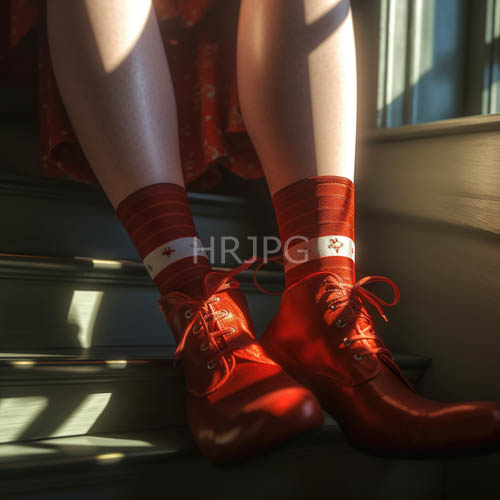 scarlet leather boots on a wood staircase under afternoon sunlight
