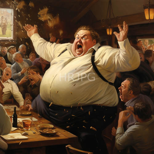 energetic tavern centered on a rotund figure amidst earthy tones and muted shadows