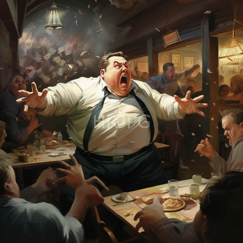 middleaged protagonist amidst dining room pandemonium with frantic crowd and turbulent energy