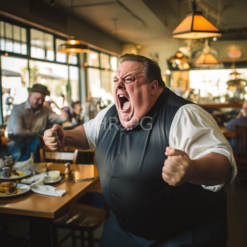 middleaged gentleman captures atmosphere of bustling dining room with expressive gestures and structured formality