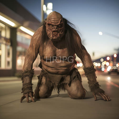 orchestrating urban fury with tactile weathered complexion and tattered loincloth in metropolitan twilight