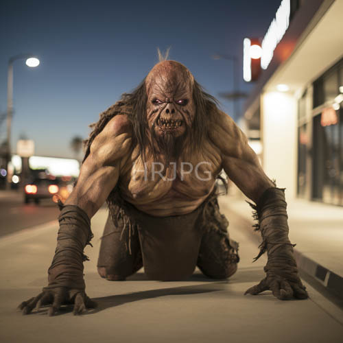 High Resolution: Lycanthropes Predatory Stance Amidst Urban Decay and Synthetic Illumination download. | HRJPG.com