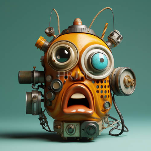 High Resolution: Clockwork visage juxtaposes industrial rigidity with vulnerability through orange plating and asymmetrical gaze download. | HRJPG.com