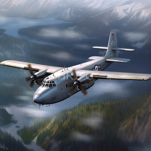 aging military cargo transport cuts through frigid thin air over jagged mountain range