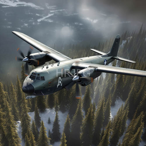 olivegreen fourengine bomber slices through rugged snowdusted mountain peaks against muted evergreen forest