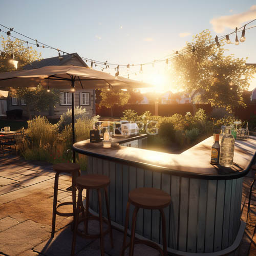 fading sunlight illuminates verdant canopy and weathered wooden stools in outdoor sanctuary